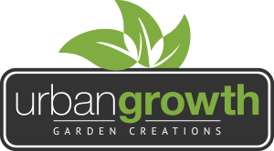 A simple and elegant logo featuring the text "Urban Growth Garden Creations" with a vibrant green leaf atop.